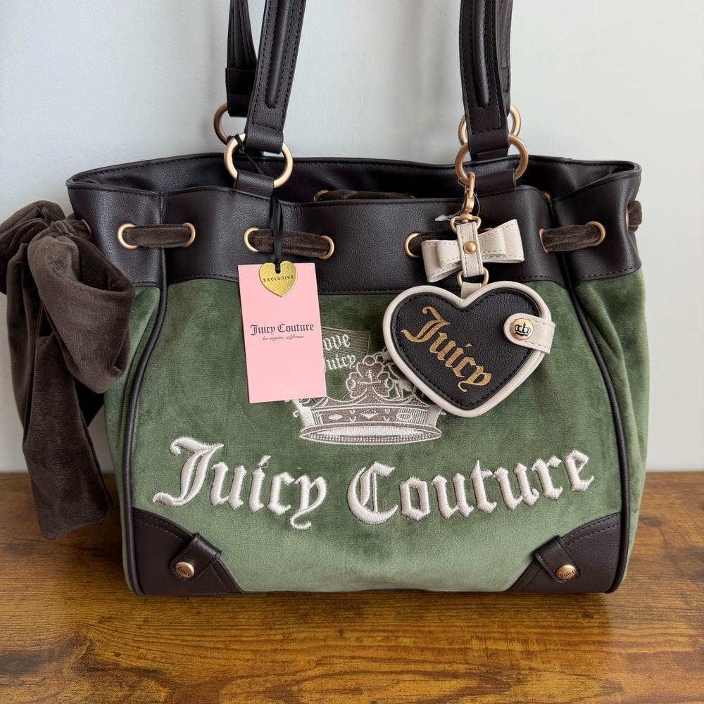 New Juicy Couture Juicy Crown Daydreamer Tote Shoulder Bag Green Brown